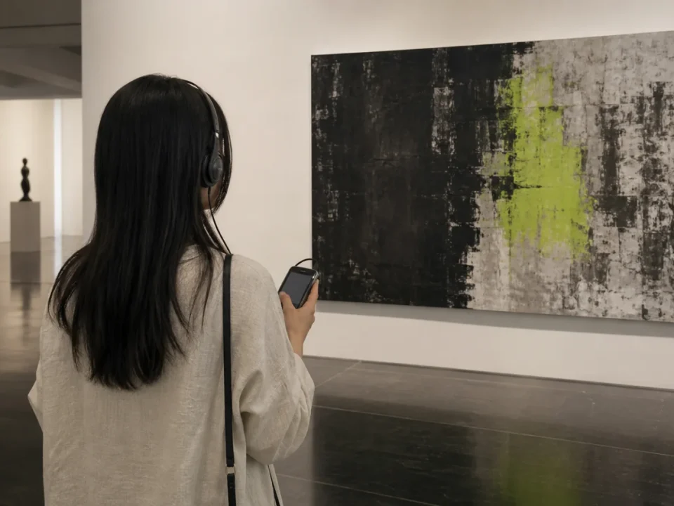 오디오 기기 화면을 내려둔 채 작품을 바라보는 미술관 관람객