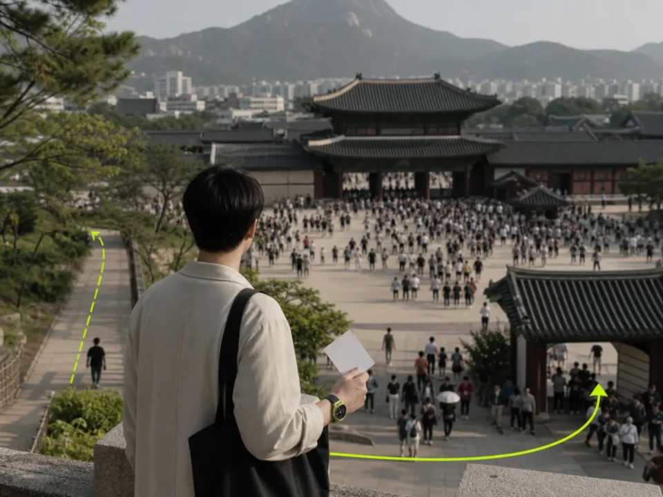 혼잡한 문화공간과 한적한 우회로를 높은 곳에서 비교하는 방문객