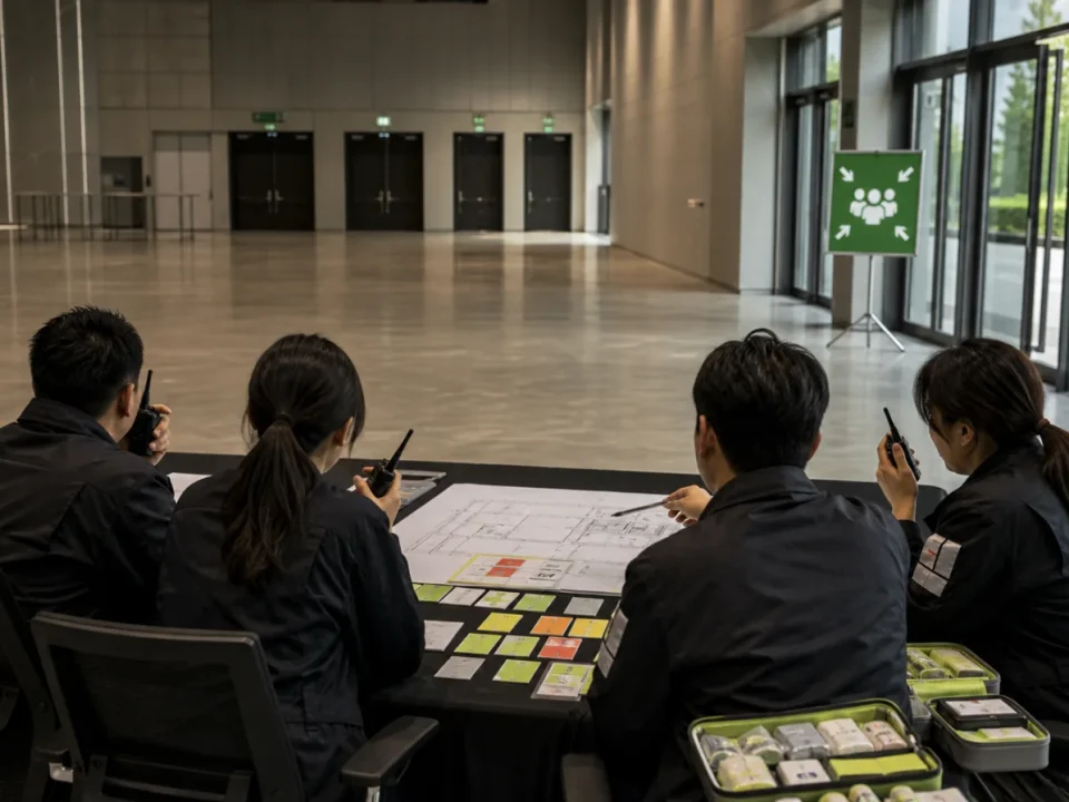 무전기와 행사장 평면도, 상황 카드를 놓고 비상대응을 훈련하는 운영팀