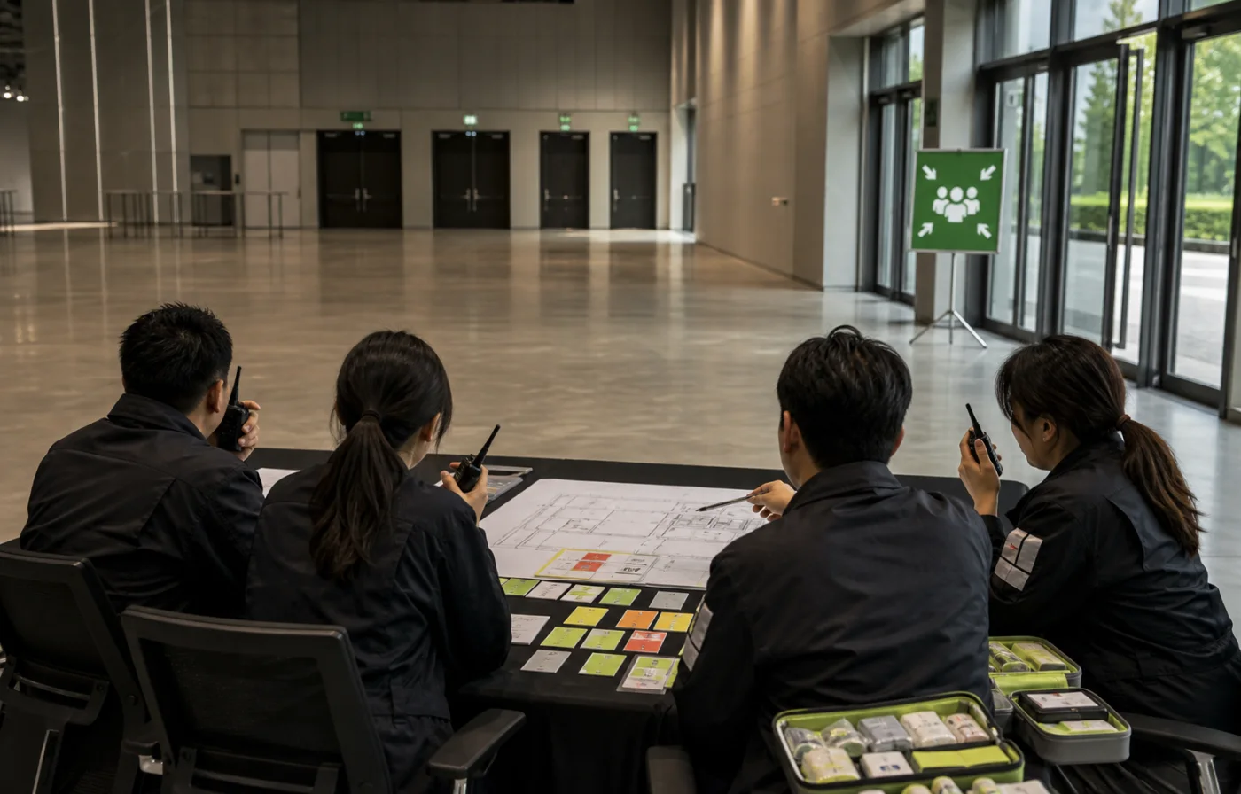 무전기와 행사장 평면도, 상황 카드를 놓고 비상대응을 훈련하는 운영팀