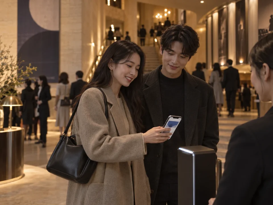 극장 입구에서 원본 티켓 화면을 함께 확인하는 두 관람객