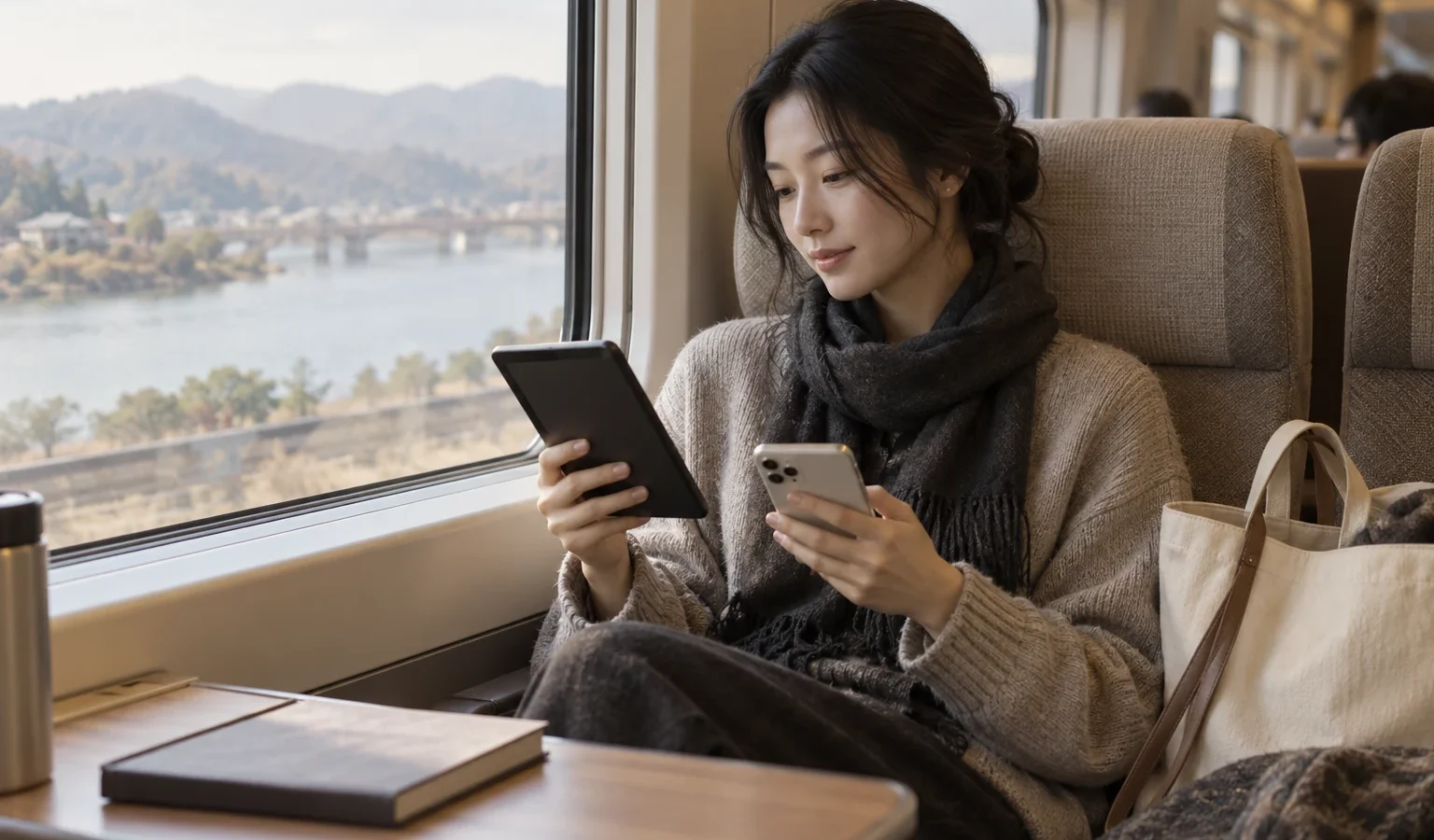열차 창가에서 전자책 단말기와 휴대전화를 확인하는 독자